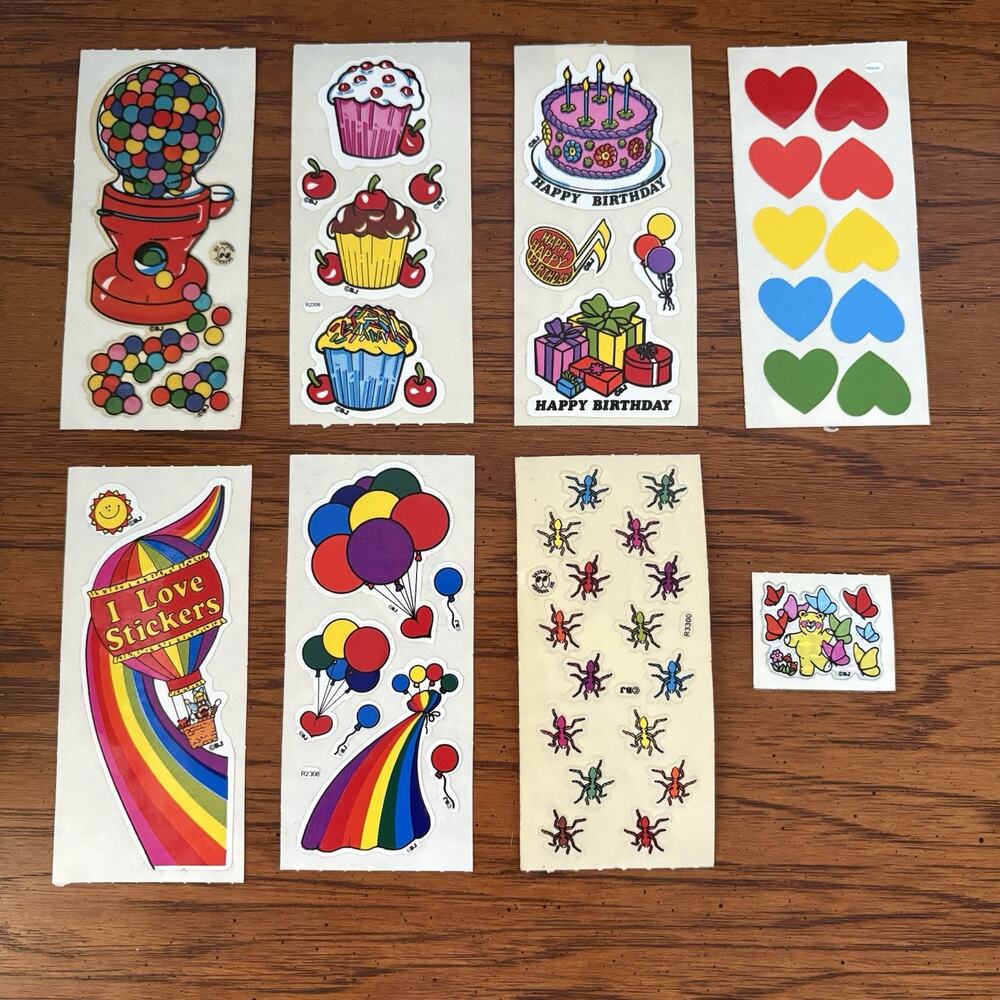 Vtg 80s BJ Sticker Lot Prism Foil Gumball Rainbow Cupcakes Bear Hearts Bugs